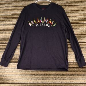 SUPREME Black Embroidered Flags Cotton Mens‎ Medium Streetwear Long Sleeve Shirt